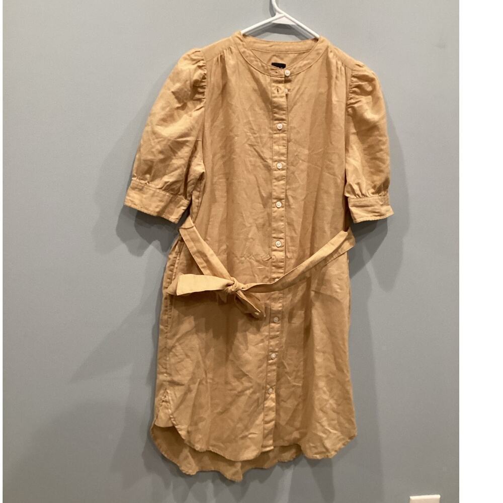 Gap Womens Linen Puff Sleeve Shirt‎ Dress Size Small Beige Casual Preppy Career